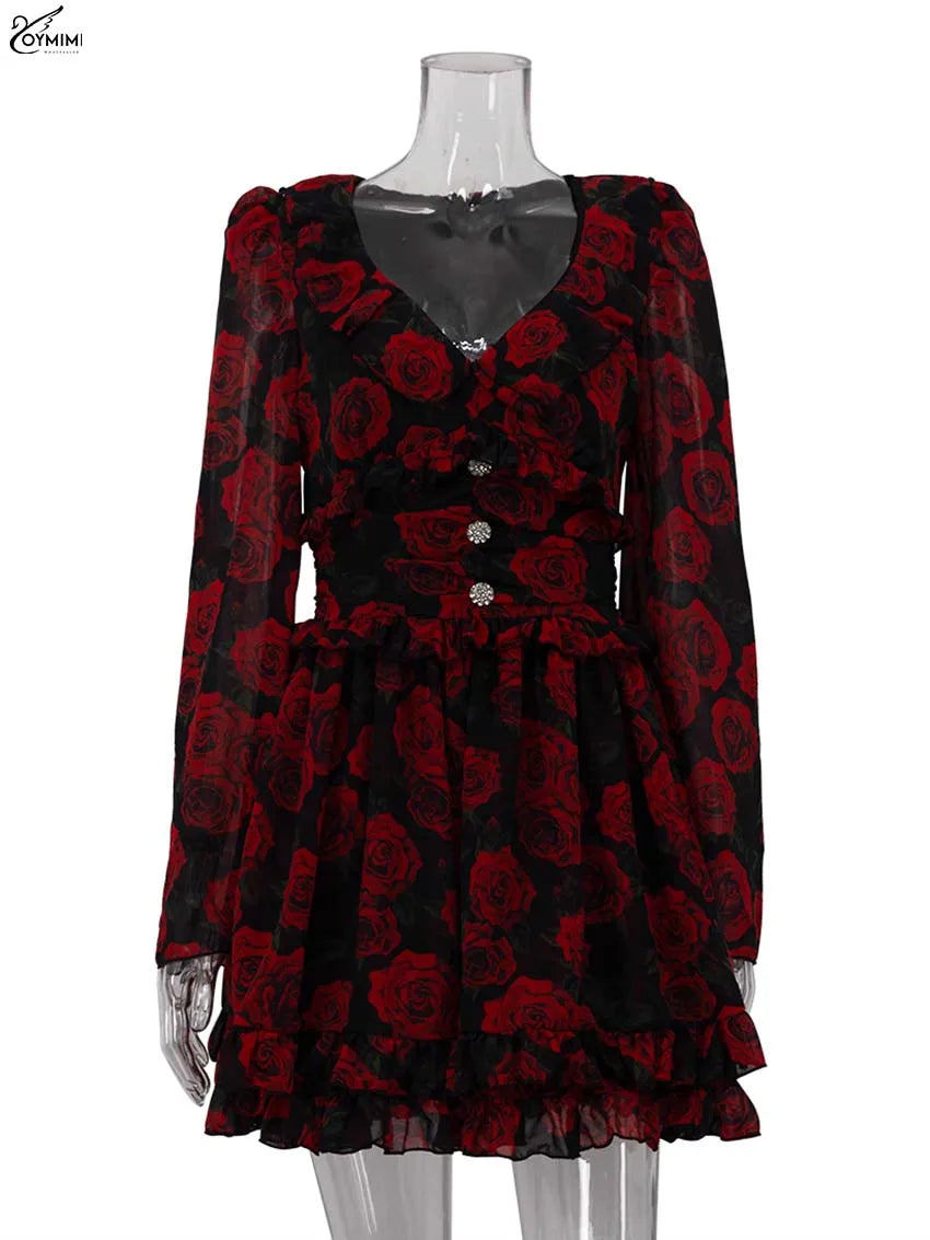 Oymimi Elegant Red Print Women's V-Neck Long Sleeve Button Dress – High Waisted Ruffled Mini