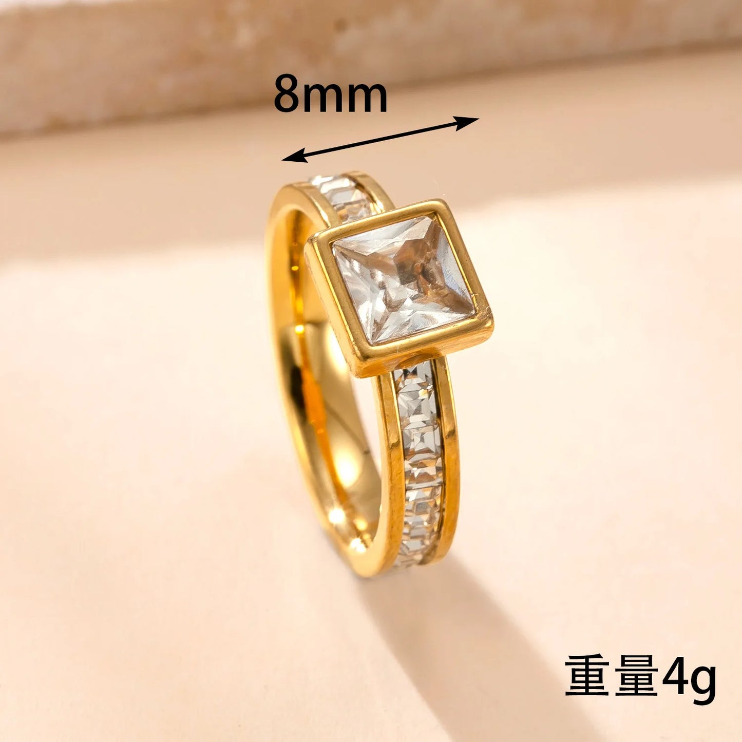 Luxury Square Zircon Stainless Steel Ring – Women's Fashion Jewelry