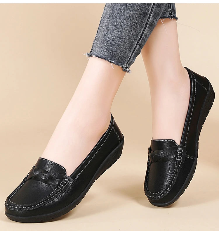 2025 Women’s Soft Leather Loafers – White Slip-On Casual Flats