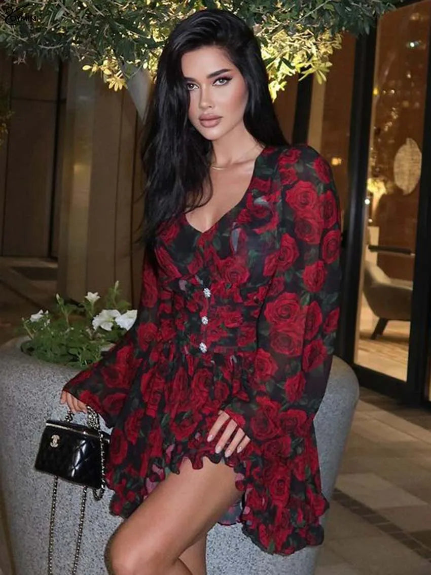 Oymimi Elegant Red Print Women's V-Neck Long Sleeve Button Dress – High Waisted Ruffled Mini