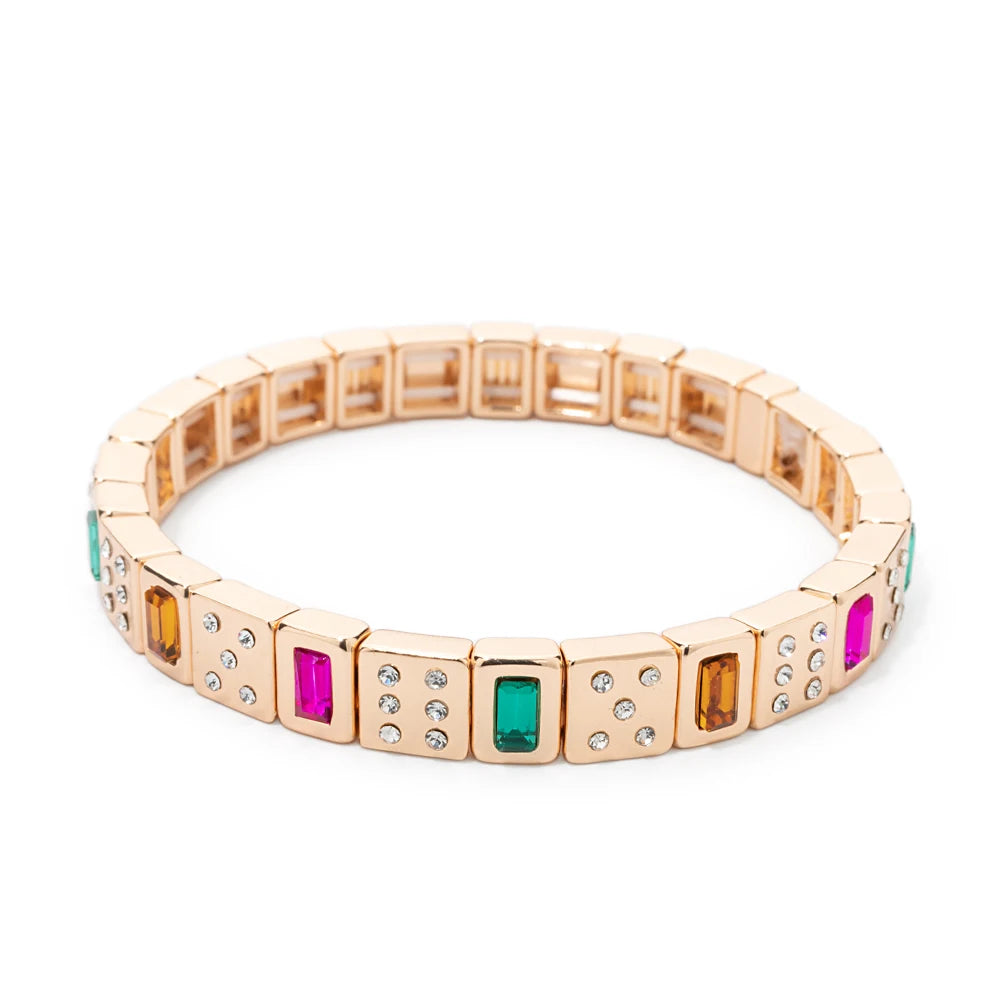 BEUTIFOR Happy Face Women’s Tile Bracelet – Gold Color Dice Beads & Crystal Bangle