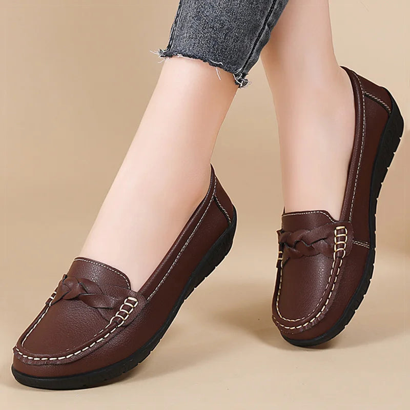 2025 Women’s Soft Leather Loafers – White Slip-On Casual Flats