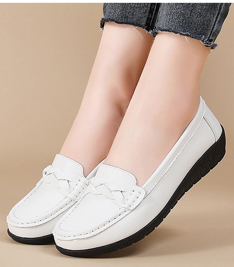 2025 Women’s Soft Leather Loafers – White Slip-On Casual Flats