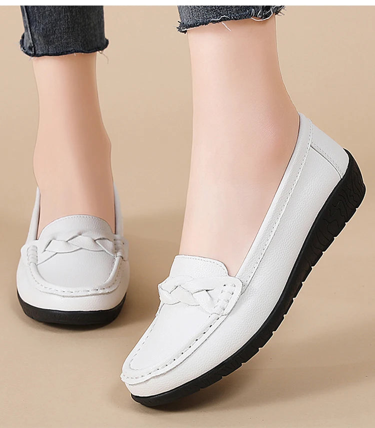 2025 Women’s Soft Leather Loafers – White Slip-On Casual Flats