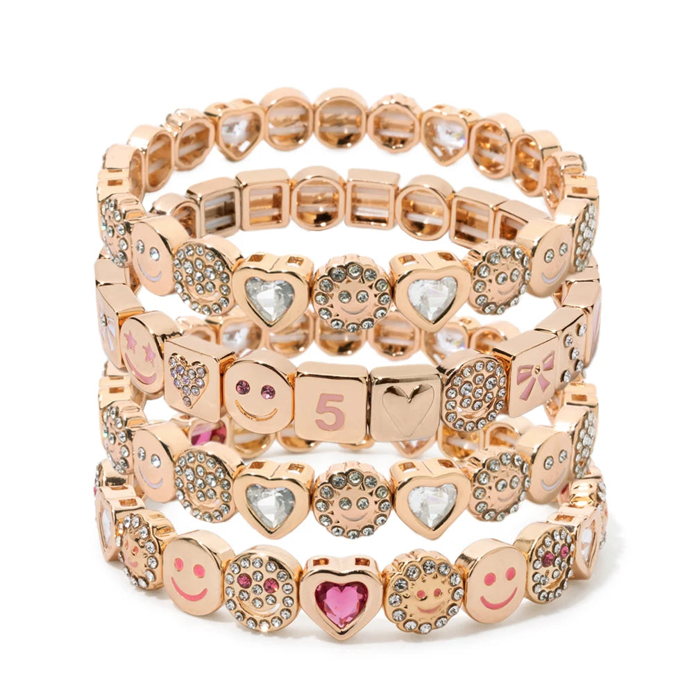 BEUTIFOR Happy Face Women’s Tile Bracelet – Gold Color Dice Beads & Crystal Bangle