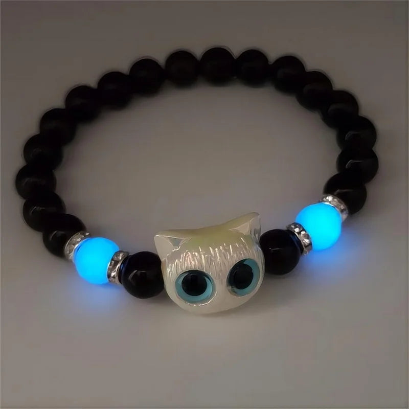 Matching Couples Jewelry Set: Cat Head Bangles & Necklace, Glow-in-the-Dark for Him and Her