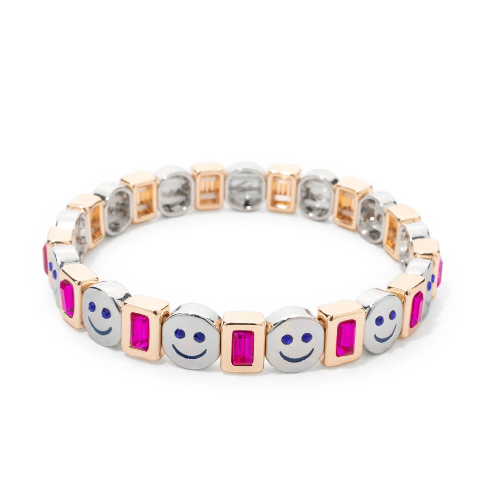 BEUTIFOR Happy Face Women’s Tile Bracelet – Gold Color Dice Beads & Crystal Bangle