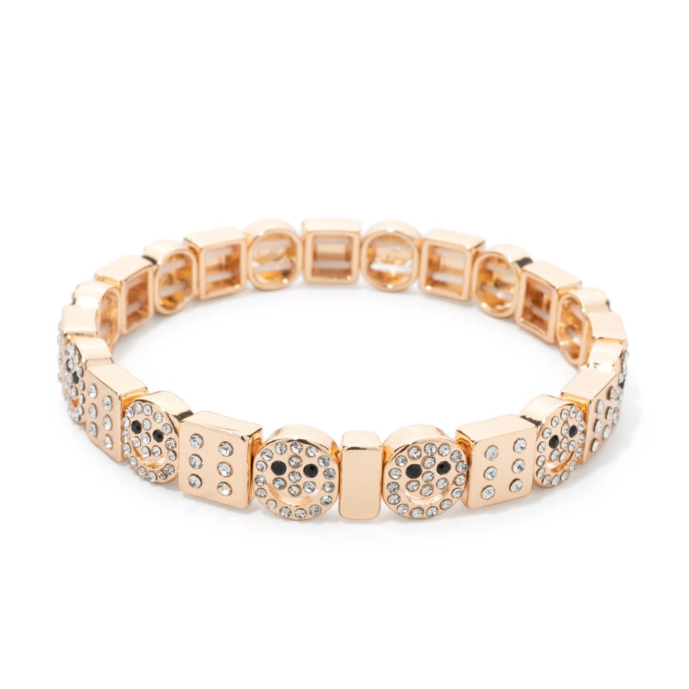 BEUTIFOR Happy Face Women’s Tile Bracelet – Gold Color Dice Beads & Crystal Bangle