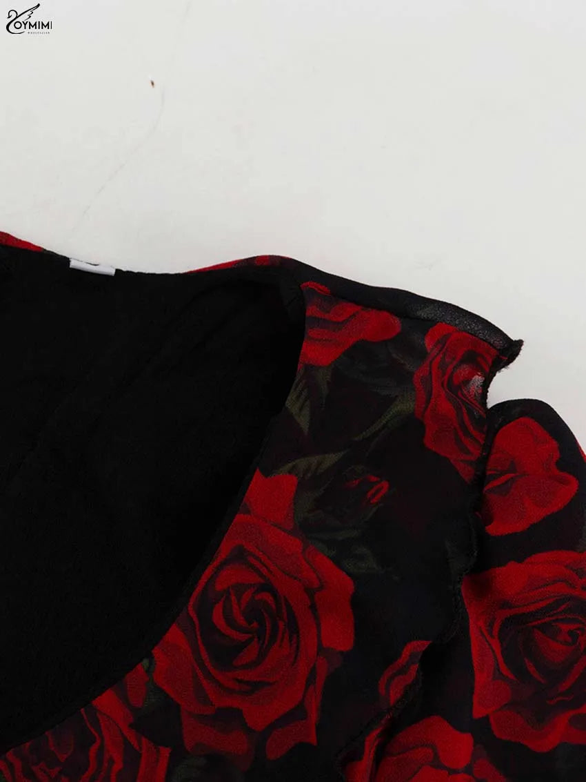 Oymimi Elegant Red Print Women's V-Neck Long Sleeve Button Dress – High Waisted Ruffled Mini