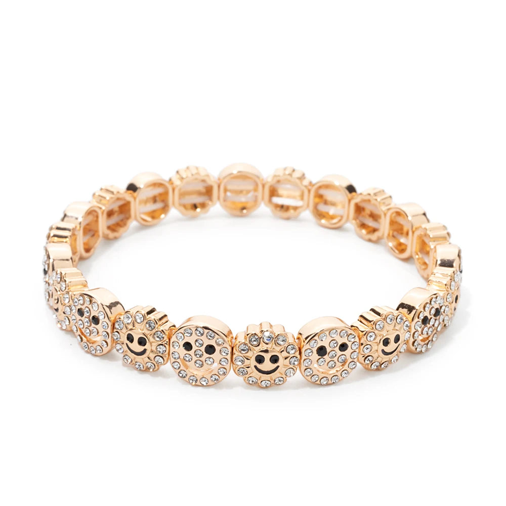 BEUTIFOR Happy Face Women’s Tile Bracelet – Gold Color Dice Beads & Crystal Bangle