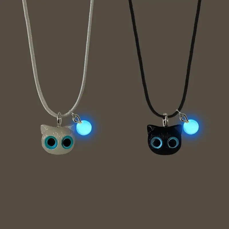 Matching Couples Jewelry Set: Cat Head Bangles & Necklace, Glow-in-the-Dark for Him and Her