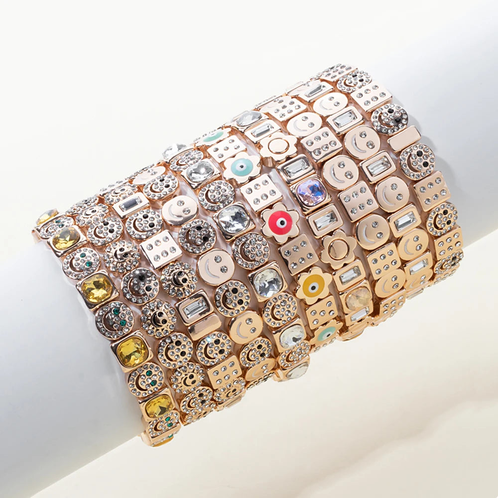 BEUTIFOR Happy Face Women’s Tile Bracelet – Gold Color Dice Beads & Crystal Bangle