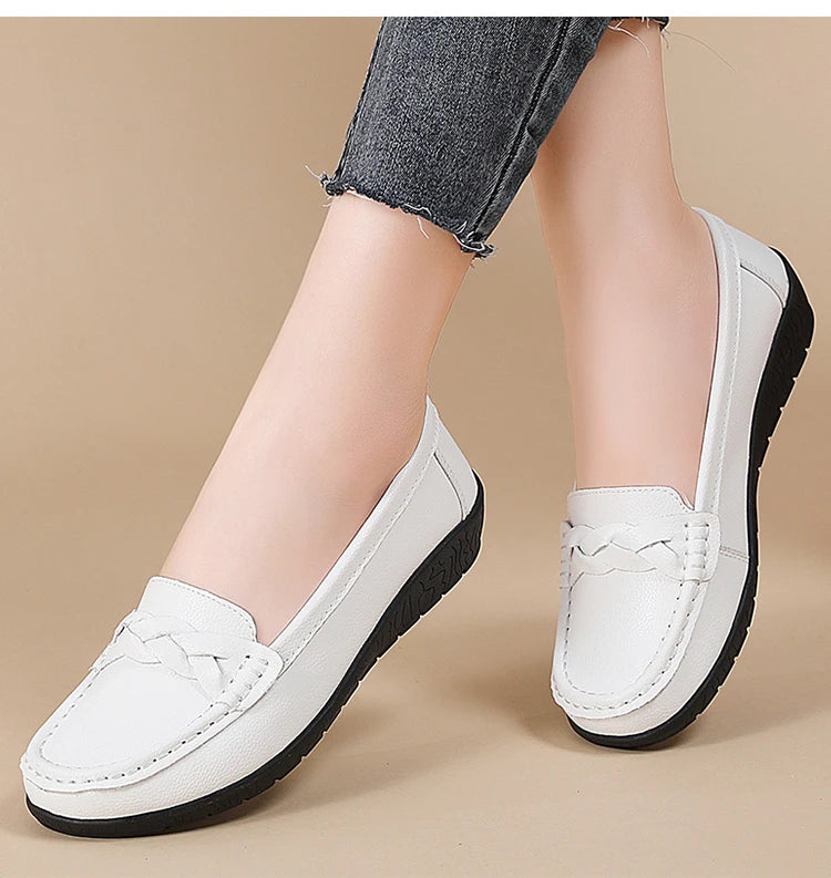 2025 Women’s Soft Leather Loafers – White Slip-On Casual Flats