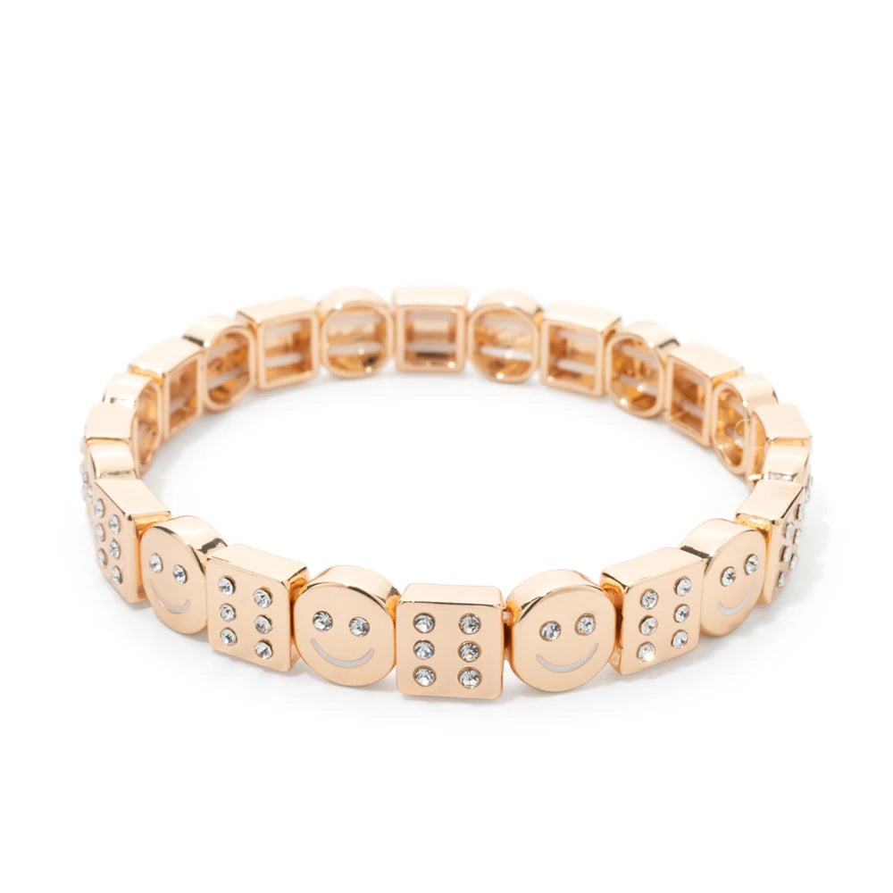 BEUTIFOR Happy Face Women’s Tile Bracelet – Gold Color Dice Beads & Crystal Bangle