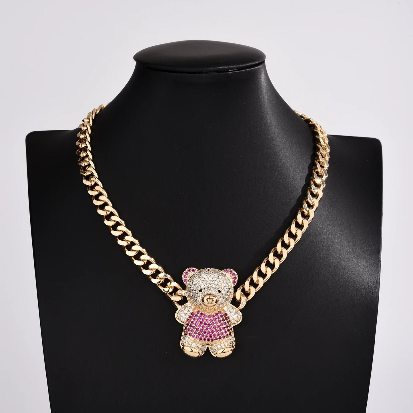 4-color bear necklace with sparkling cubic zirconia, copper anti-tarnish chain 45/50cm for women and girls