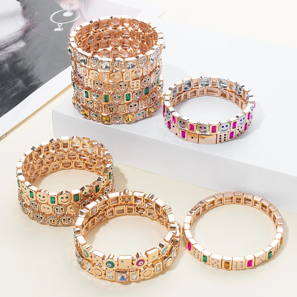 BEUTIFOR Happy Face Women’s Tile Bracelet – Gold Color Dice Beads & Crystal Bangle