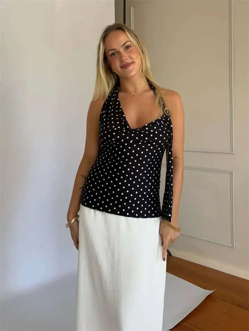 Blifanbo Women's Halter Polka Dot Backless Crop Top – Summer Lace-Up Tank