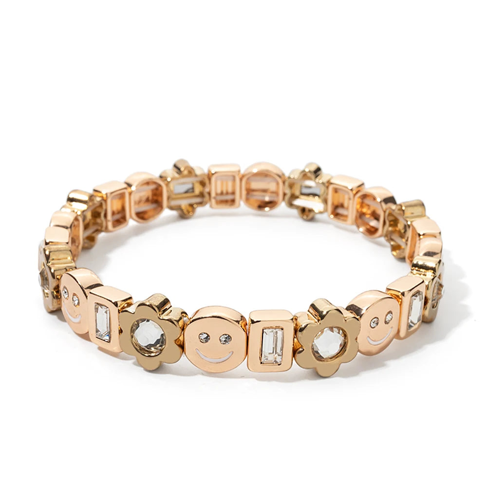 BEUTIFOR Happy Face Women’s Tile Bracelet – Gold Color Dice Beads & Crystal Bangle