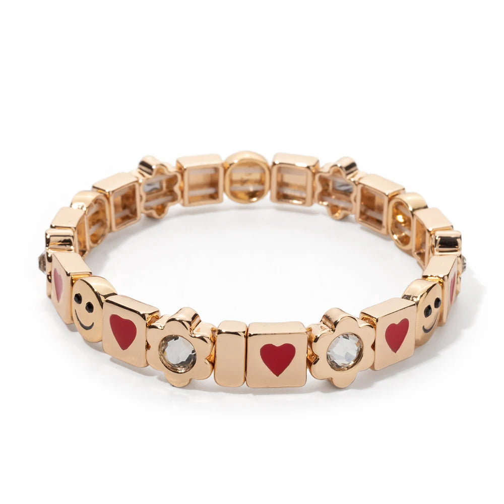 BEUTIFOR Happy Face Women’s Tile Bracelet – Gold Color Dice Beads & Crystal Bangle