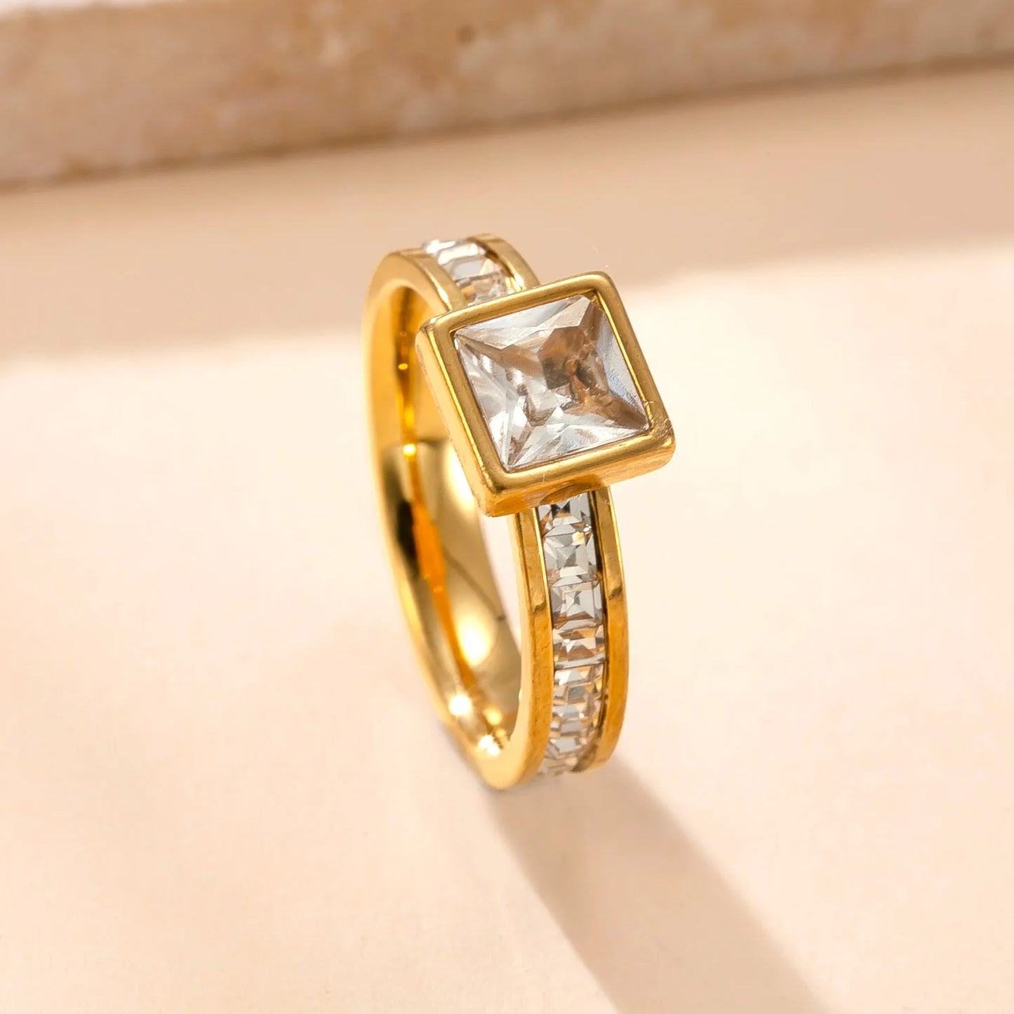 Luxury Square Zircon Stainless Steel Ring – Women's Fashion Jewelry