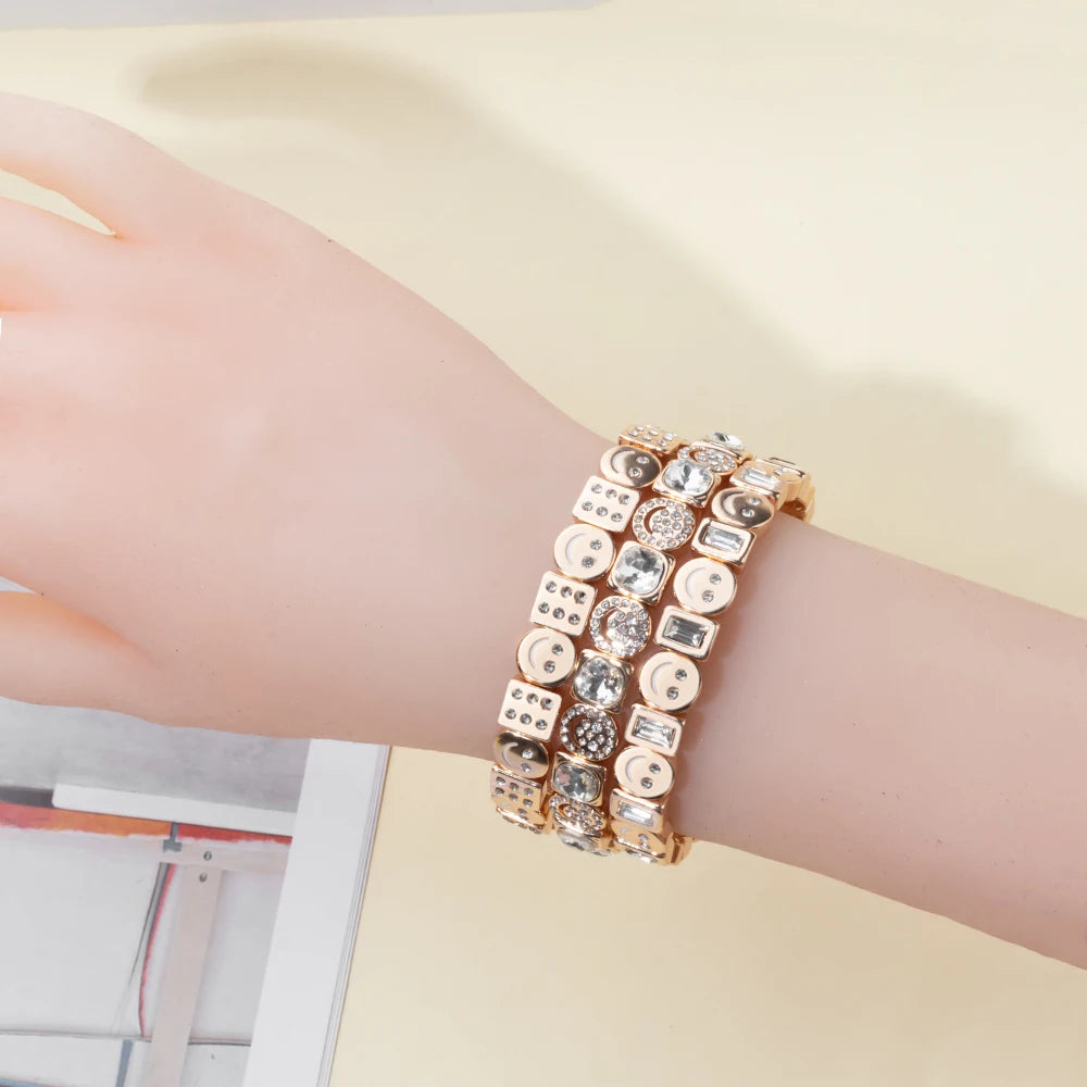 BEUTIFOR Happy Face Women’s Tile Bracelet – Gold Color Dice Beads & Crystal Bangle