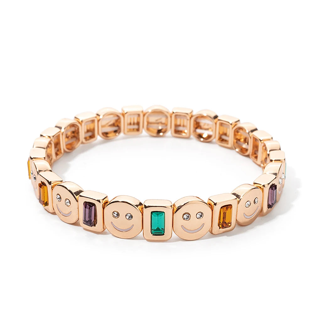 BEUTIFOR Happy Face Women’s Tile Bracelet – Gold Color Dice Beads & Crystal Bangle