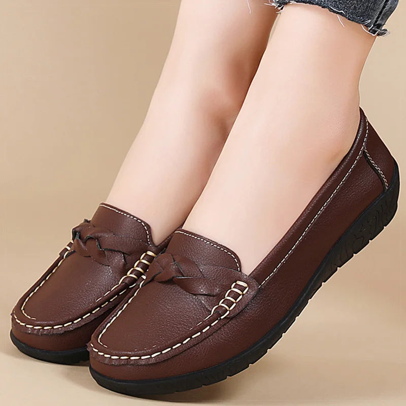 2025 Women’s Soft Leather Loafers – White Slip-On Casual Flats