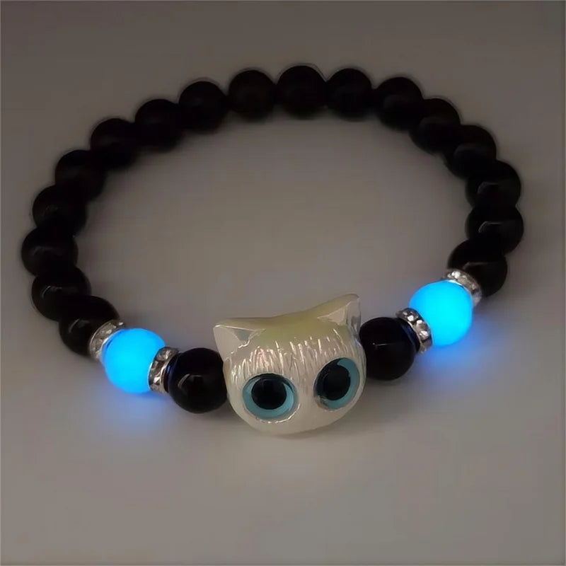 Matching Couples Jewelry Set: Cat Head Bangles & Necklace, Glow-in-the-Dark for Him and Her