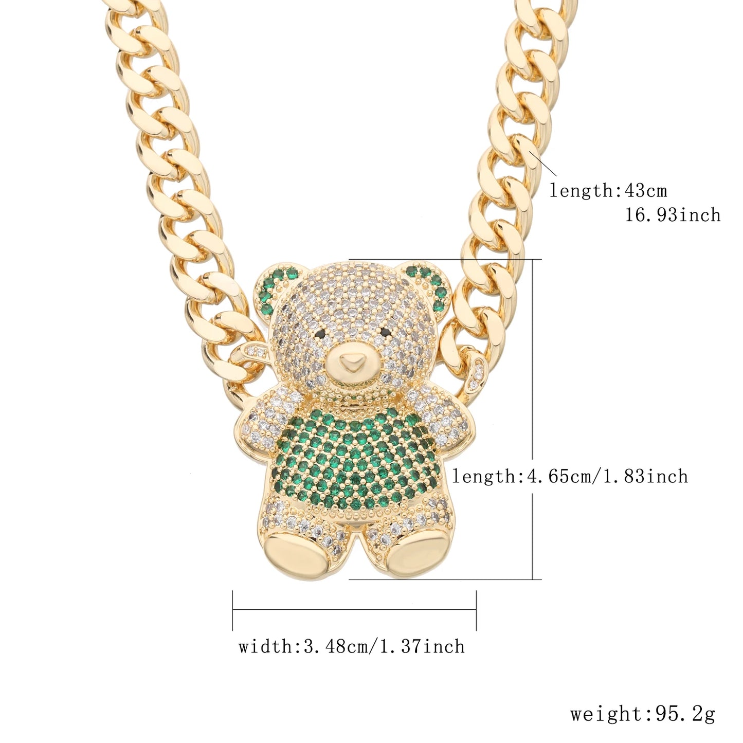 4-color bear necklace with sparkling cubic zirconia, copper anti-tarnish chain 45/50cm for women and girls