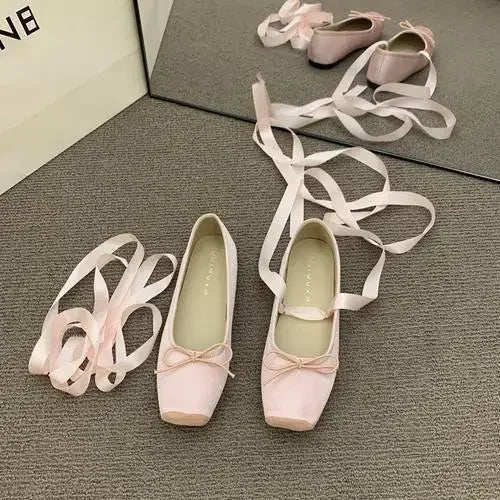 2025 Women’s Cross Tie Ballet Flats – Sweet Mary Jane Square Toe with Bow