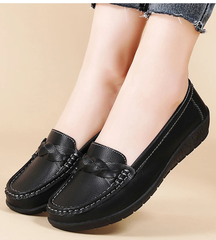 2025 Women’s Soft Leather Loafers – White Slip-On Casual Flats