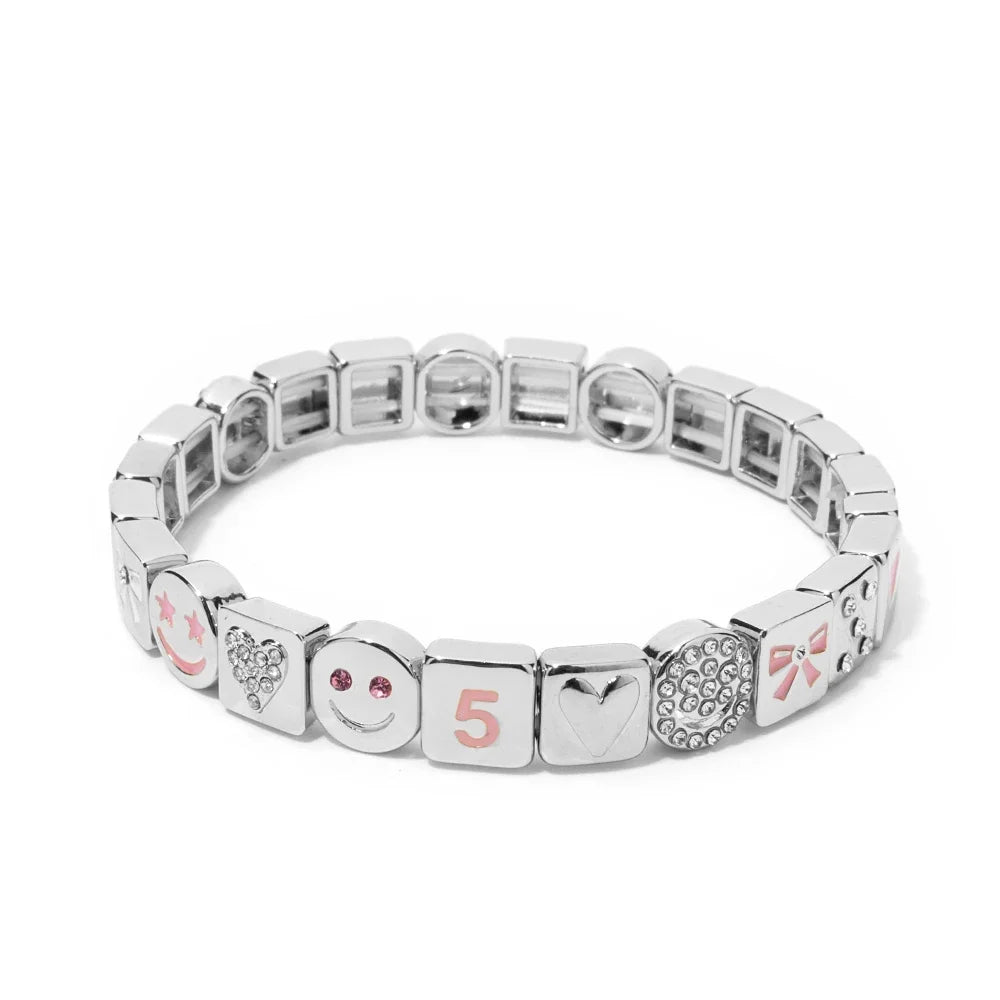 BEUTIFOR Happy Face Women’s Tile Bracelet – Gold Color Dice Beads & Crystal Bangle