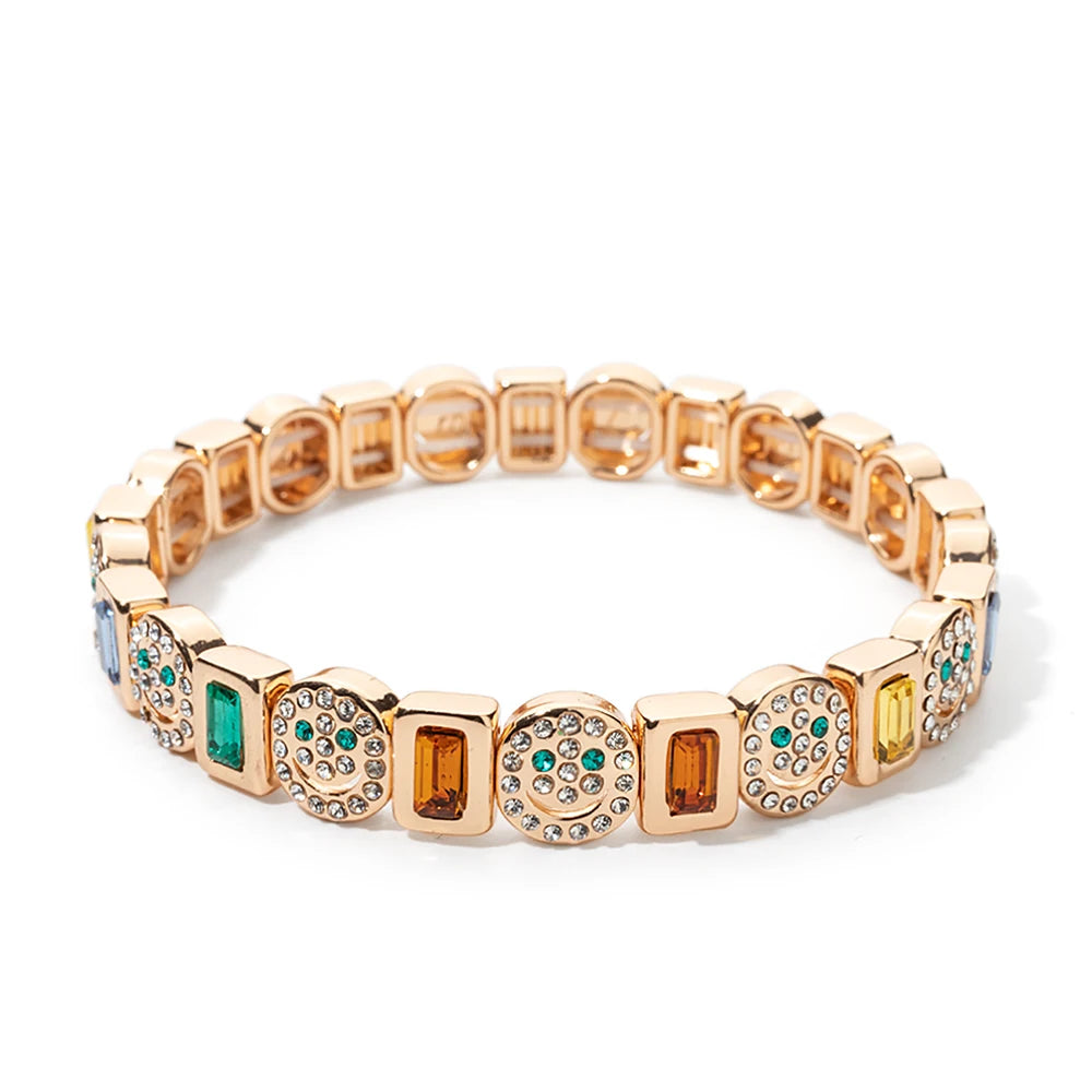 BEUTIFOR Happy Face Women’s Tile Bracelet – Gold Color Dice Beads & Crystal Bangle