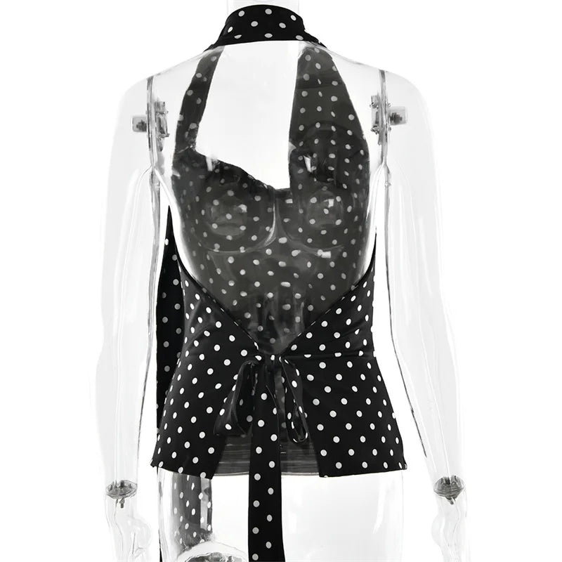 Blifanbo Women's Halter Polka Dot Backless Crop Top – Summer Lace-Up Tank