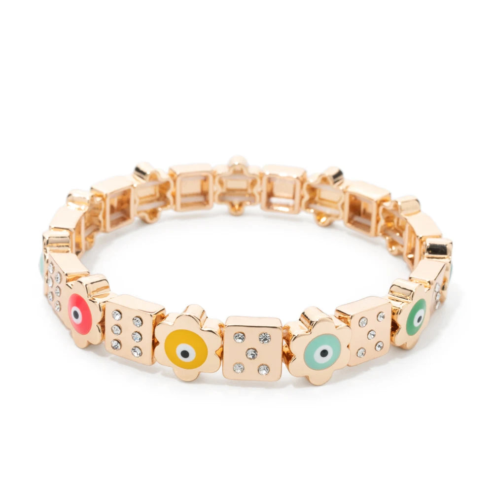 BEUTIFOR Happy Face Women’s Tile Bracelet – Gold Color Dice Beads & Crystal Bangle
