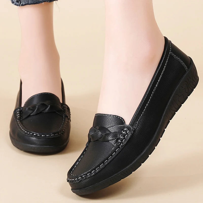 2025 Women’s Soft Leather Loafers – White Slip-On Casual Flats