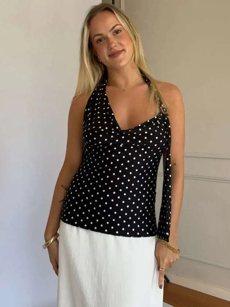 Blifanbo Women's Halter Polka Dot Backless Crop Top – Summer Lace-Up Tank