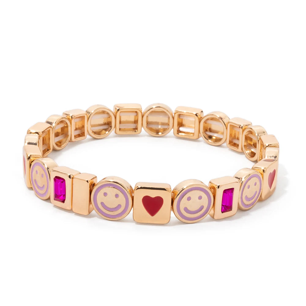 BEUTIFOR Happy Face Women’s Tile Bracelet – Gold Color Dice Beads & Crystal Bangle