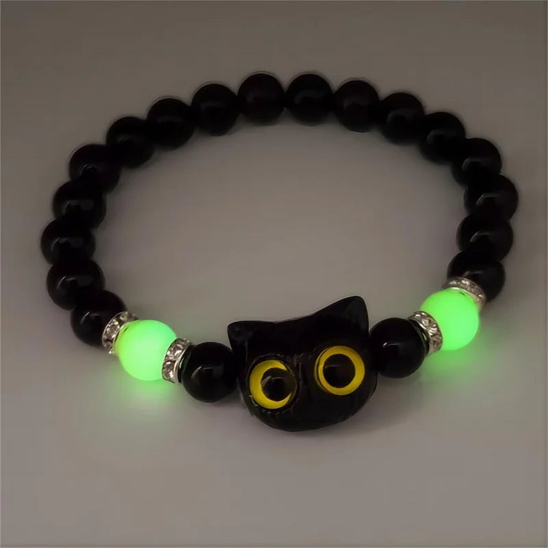 Matching Couples Jewelry Set: Cat Head Bangles & Necklace, Glow-in-the-Dark for Him and Her