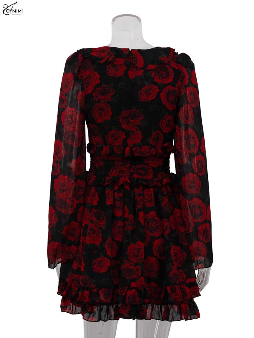Oymimi Elegant Red Print Women's V-Neck Long Sleeve Button Dress – High Waisted Ruffled Mini