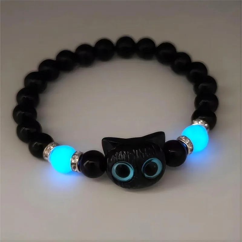 Matching Couples Jewelry Set: Cat Head Bangles & Necklace, Glow-in-the-Dark for Him and Her