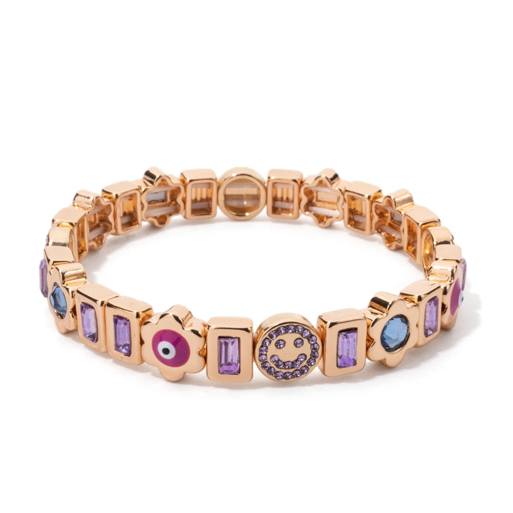 BEUTIFOR Happy Face Women’s Tile Bracelet – Gold Color Dice Beads & Crystal Bangle