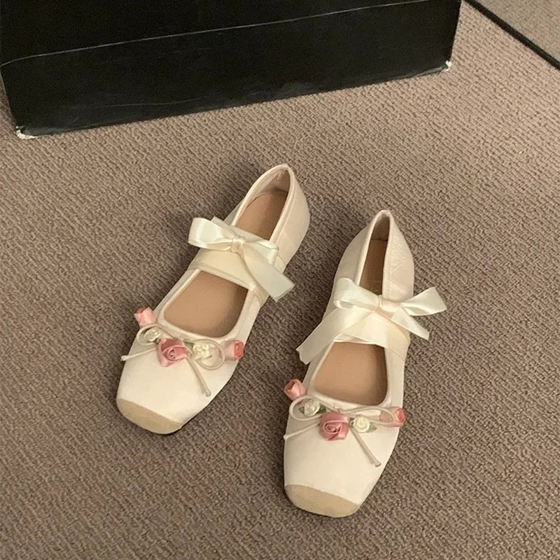 2025 Women’s Cross Tie Ballet Flats – Sweet Mary Jane Square Toe with Bow