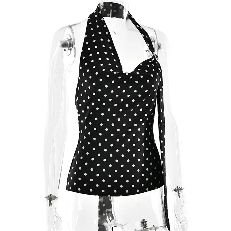 Blifanbo Women's Halter Polka Dot Backless Crop Top – Summer Lace-Up Tank