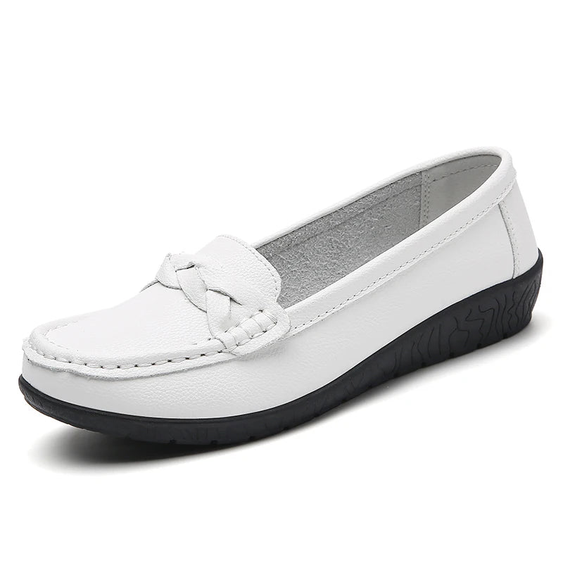 2025 Women’s Soft Leather Loafers – White Slip-On Casual Flats