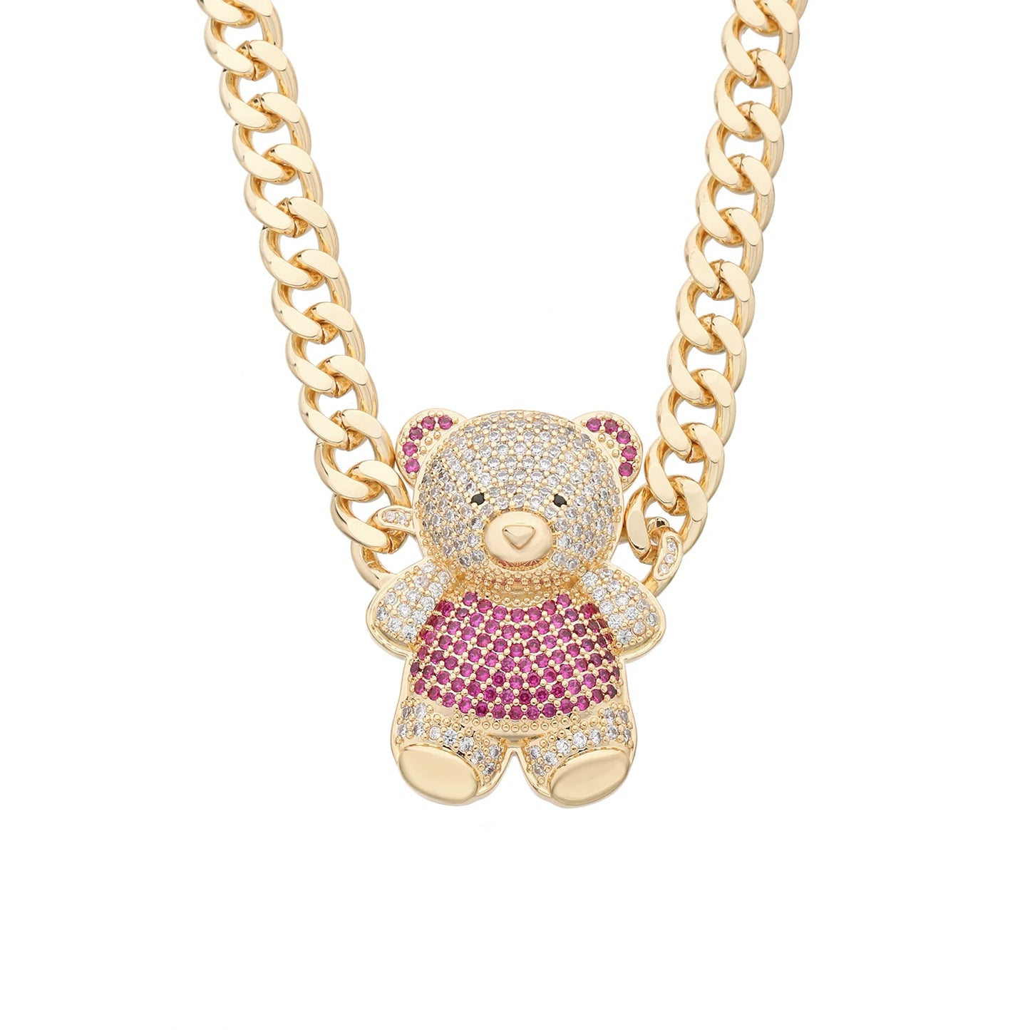 4-color bear necklace with sparkling cubic zirconia, copper anti-tarnish chain 45/50cm for women and girls