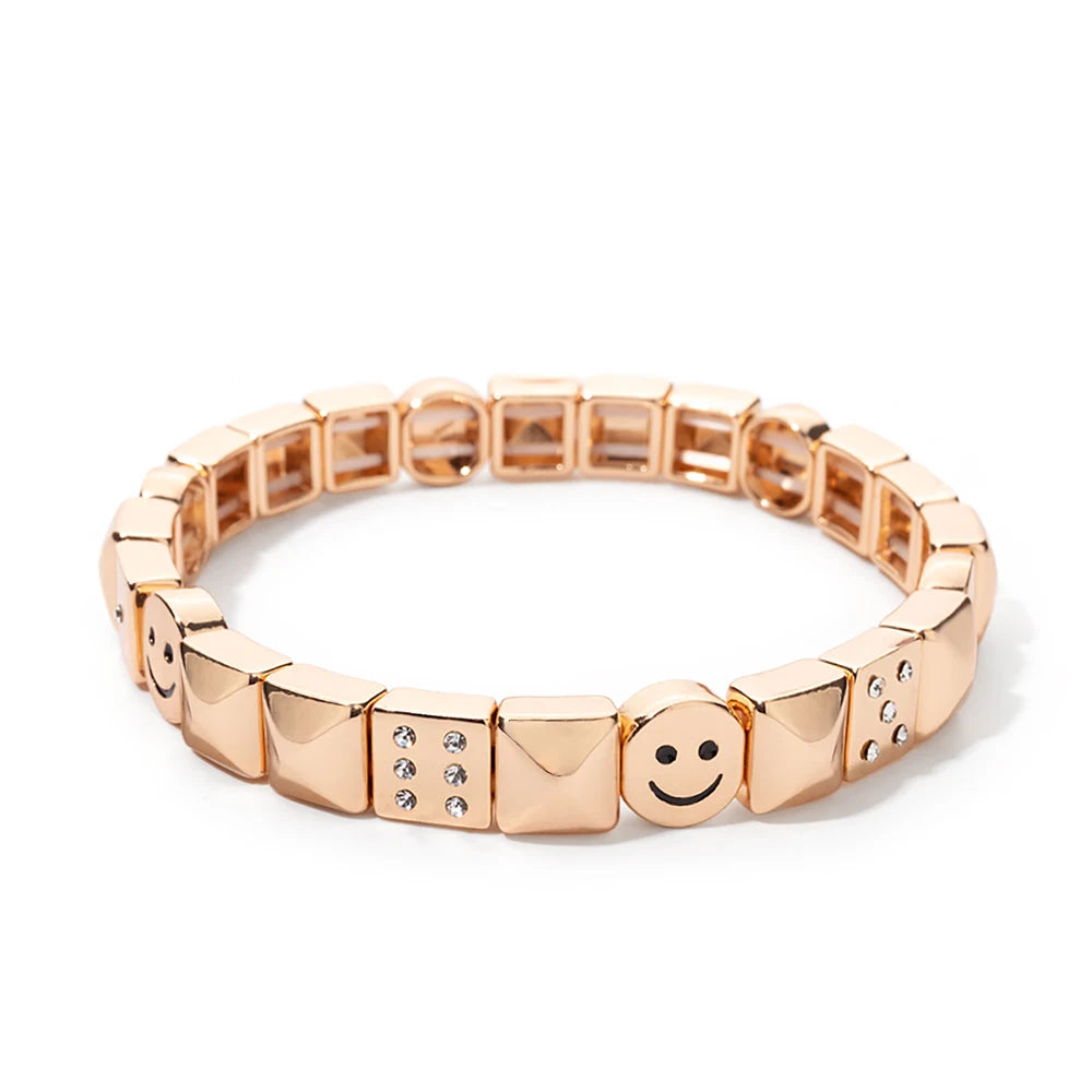 BEUTIFOR Happy Face Women’s Tile Bracelet – Gold Color Dice Beads & Crystal Bangle