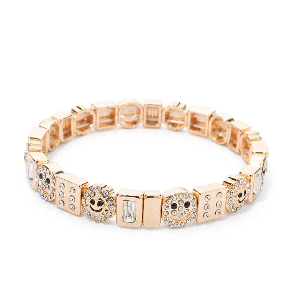 BEUTIFOR Happy Face Women’s Tile Bracelet – Gold Color Dice Beads & Crystal Bangle