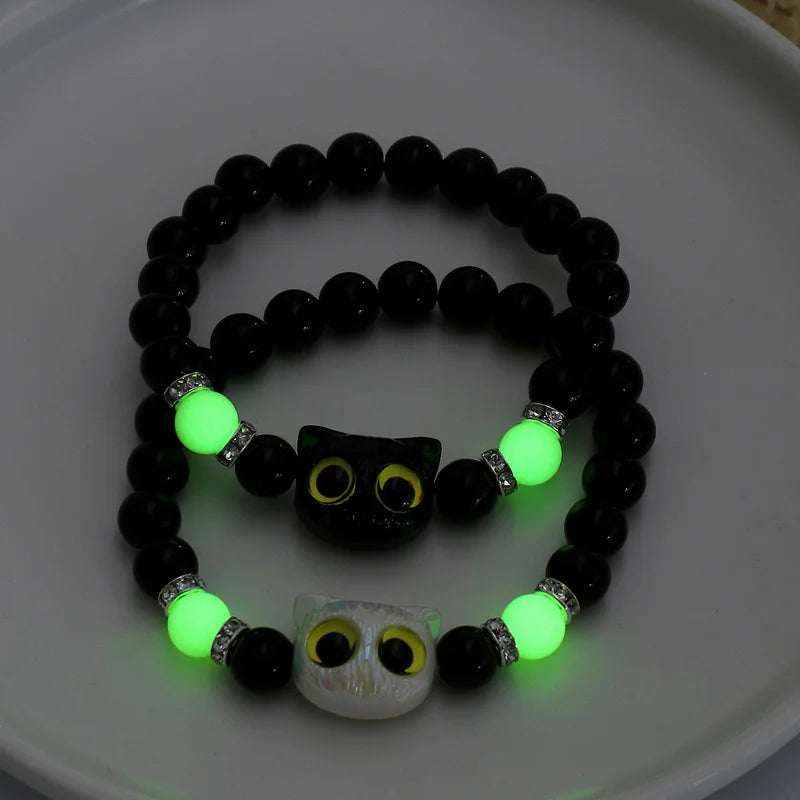 Matching Couples Jewelry Set: Cat Head Bangles & Necklace, Glow-in-the-Dark for Him and Her