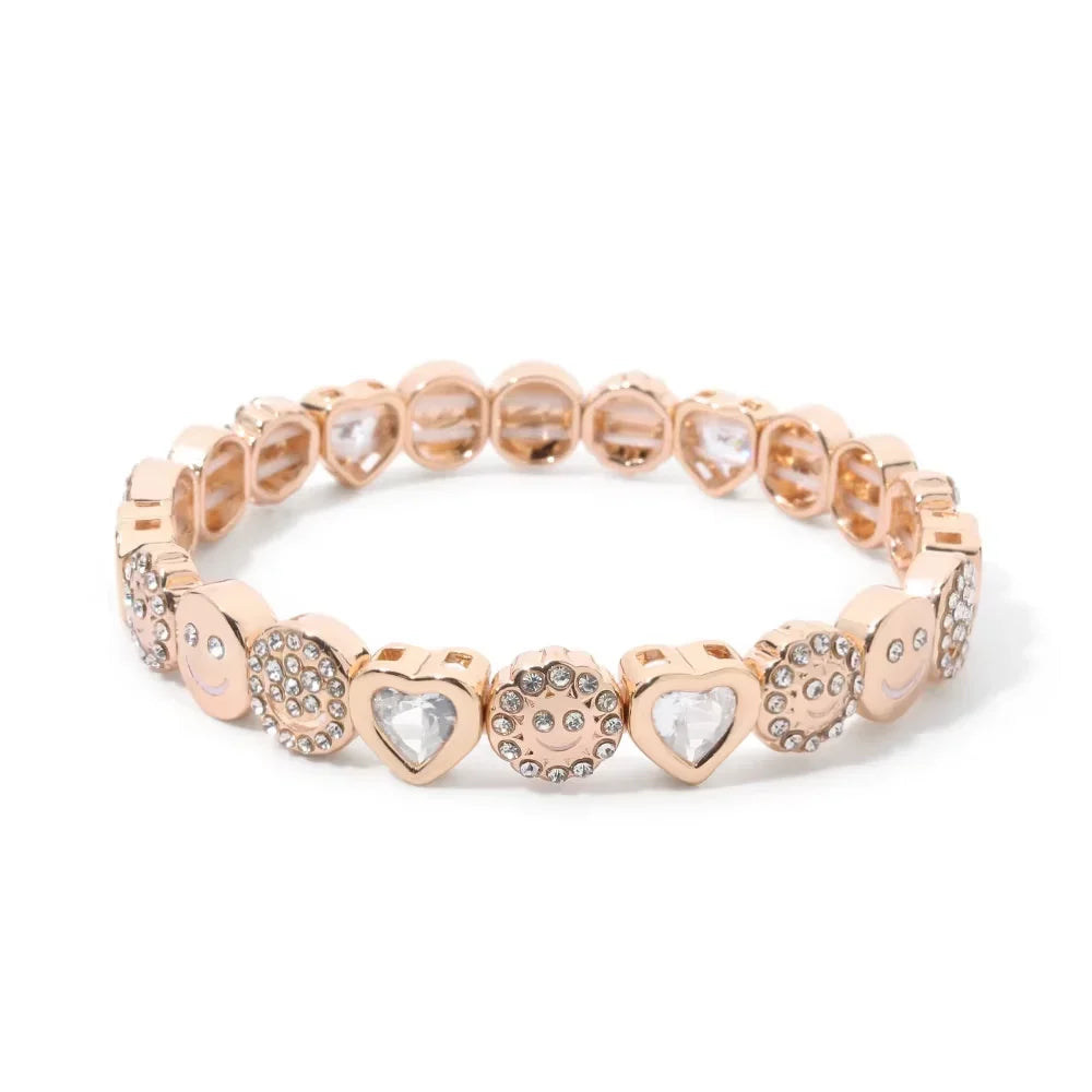 BEUTIFOR Happy Face Women’s Tile Bracelet – Gold Color Dice Beads & Crystal Bangle